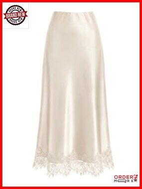 Lace Trim Satin Maxi Skirt High Waist A-Line Formal Work Skirt